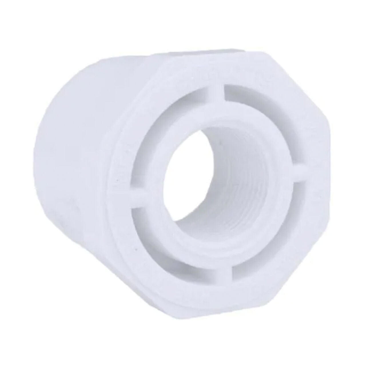 The Go Build 1-1/2 in. x 3/4 in. Schedule 40 PVC Reducing Bushing is a white plastic hexagonal fitting with a central threaded hole, designed for pressure applications and shown angled on a plain white background.